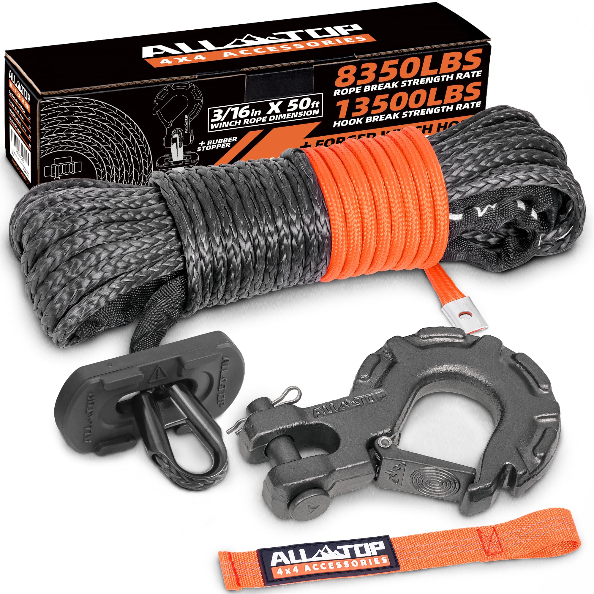 ALL-TOP Synthetic Winch Rope Cable Kit: 3/16" x 50 ft 8350LBS Winch Line with Protective Sleeve + Forged Winch Hook + Safety Pull Strap-image-39