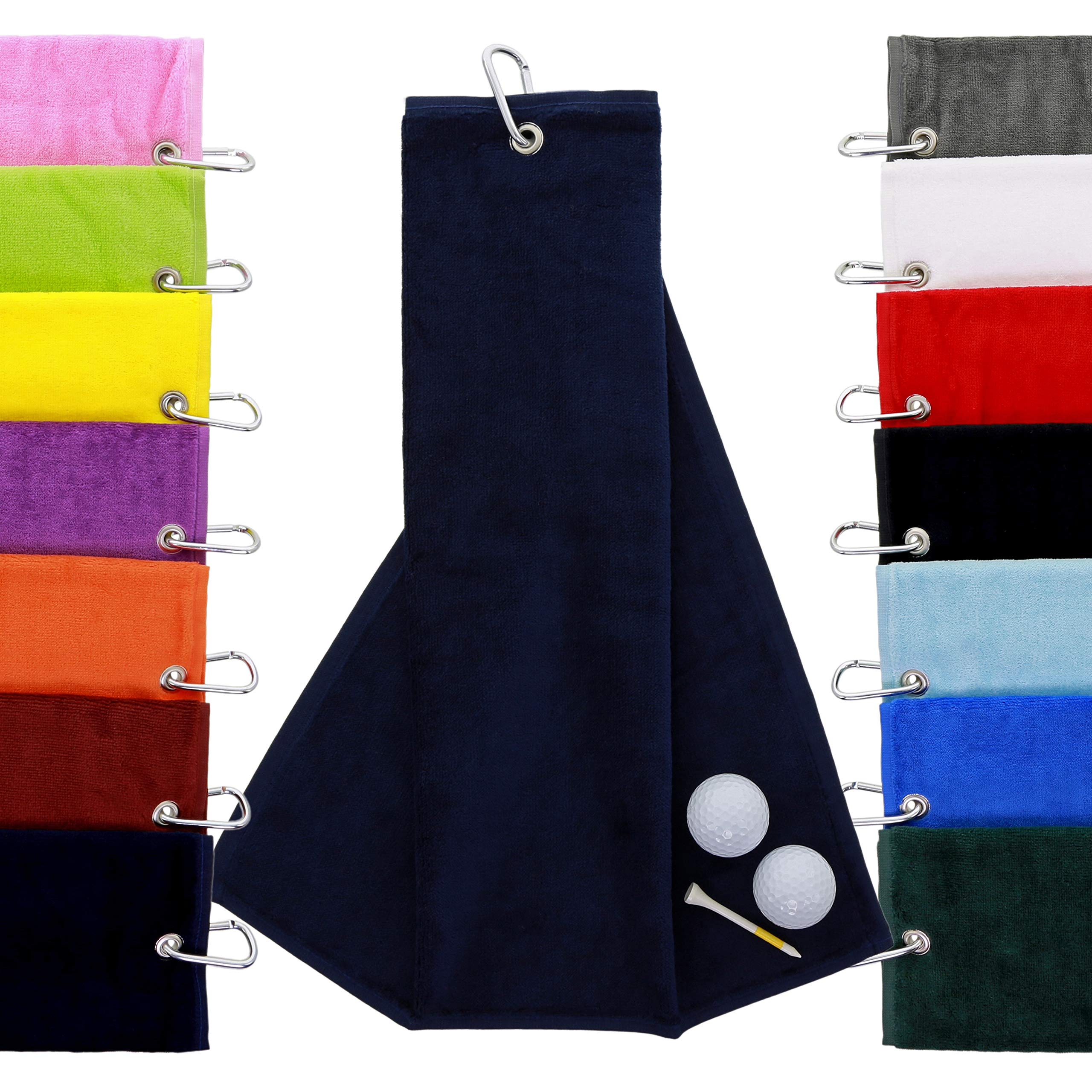 Aztex Navy Blue Tri-Fold Golf Towel With Carabiner Clip, Cotton Velour, 590Gsm,
