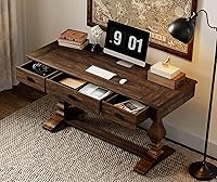 Vista 3 de WAMPAT 60-inch Vintage Wood Home Office Desk with Stable Solid Wood Pedestral Legs, Tradional Rustic Executive Desk with Deep Drawers and Power