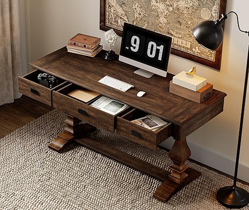 Miniatura 3 de WAMPAT 60-inch Vintage Wood Home Office Desk with Stable Solid Wood Pedestral Legs, Tradional Rustic Executive Desk with Deep Drawers and Power