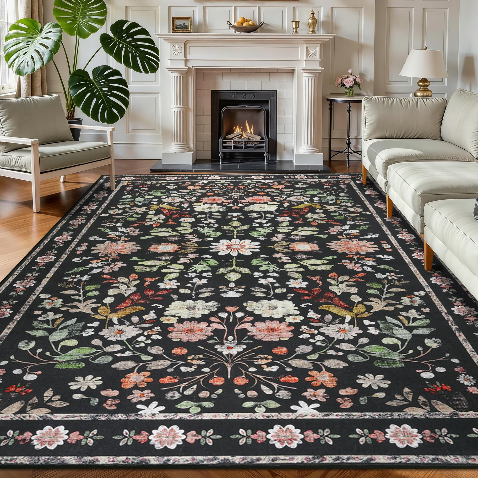 Homcomodar Waschbarer Teppich Wohnzimmer Kurzflor Kinderzimmer Teppich rutschfest Weich Teppiche Vintage Blumen Teppiche für Schlafzimmer Esszimmer Büro