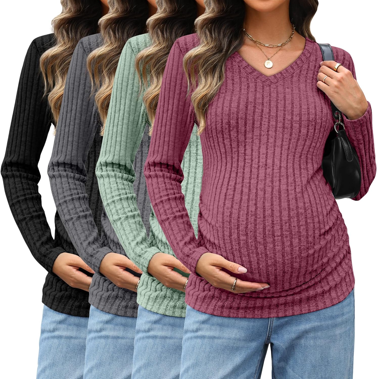 Sweetyweee 4 Pack Maternity Shirts V Neck Long Sleeve Pregnancy Clothes Ribbed Fit Women's Sweaters Winter Mama's Thermal Top