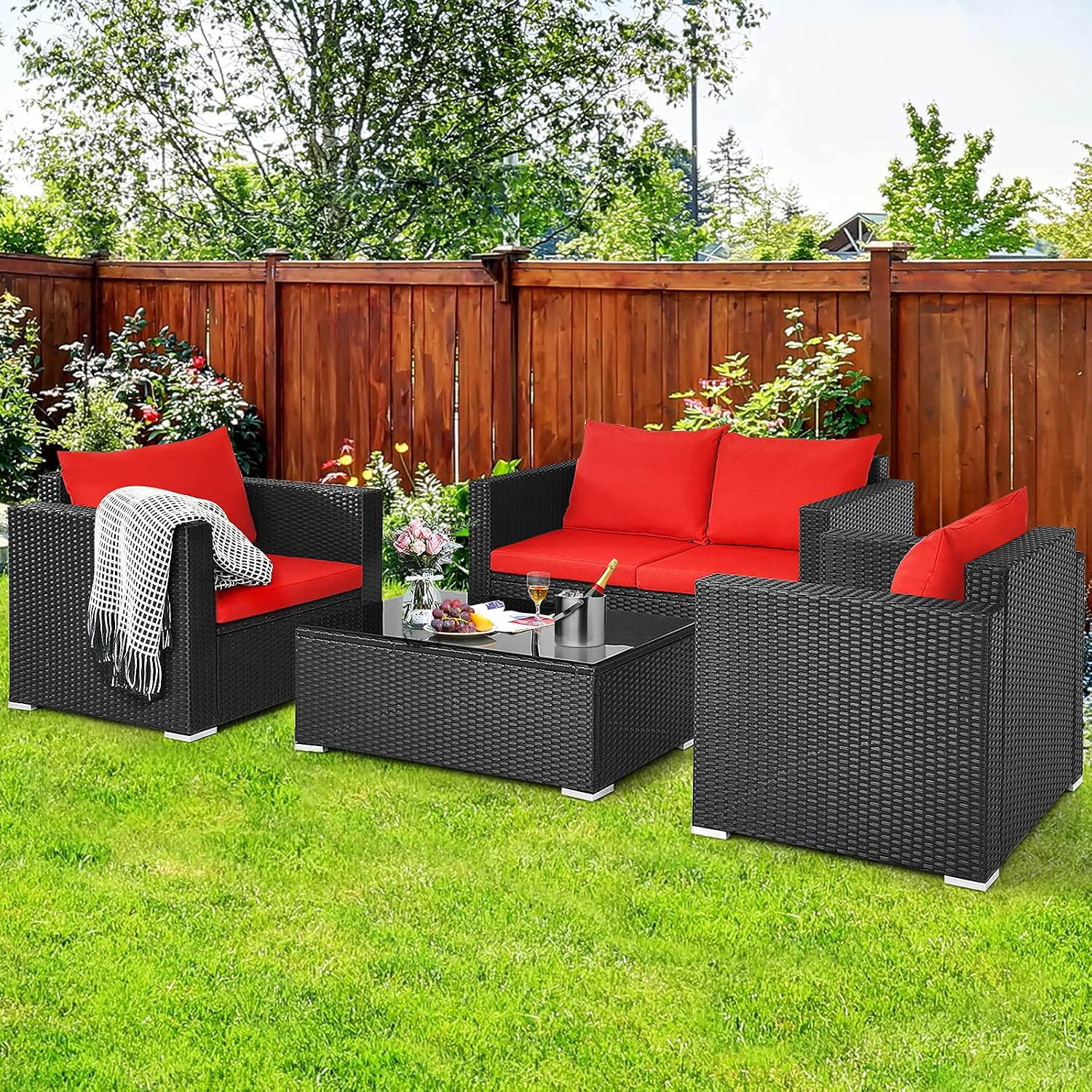 HAPPYGRILL 4PCS Patio Conversation Set Outdoor Rattan Furniture Set with Tempered Glass Tabletop & Removable Cushions Sectional Wicker Sofa Set for Garden Backyard Poolside