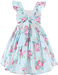 Flofallzique Floral Girls' Dress Summer Ruffle Sleeve Tie Back Casual Boho Sundress for Birtrhday Tea Party