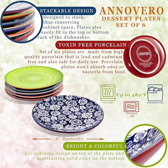 Annovero Coffee Mugs & Dessert Plates | Kitchen Dishes | Microwave Oven Safe | Colorful Porcelain Dinnerware