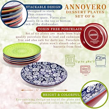 Annovero Coffee Mugs & Dessert Plates | Kitchen Dishes | Microwave Oven Safe | Colorful Porcelain Dinnerware
