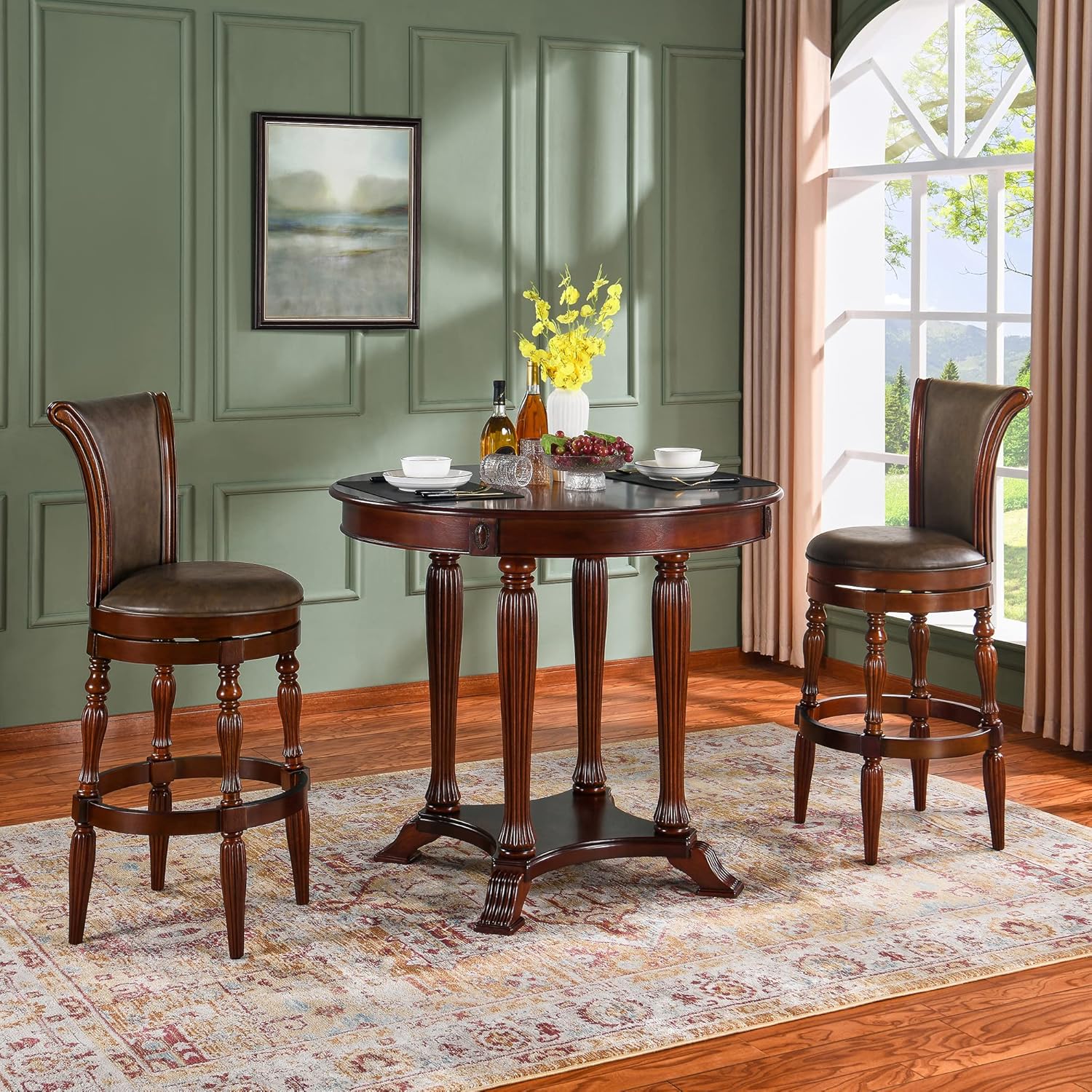 PADMA HOUSE Wooden Swivel High Bar Stool Set of 2, 30 1/8" H 180°Return Vintage Pub Height Stools Armless Barstool with Leather Round Cushion Backrest Footrest,Chestnut Brown 1533BN