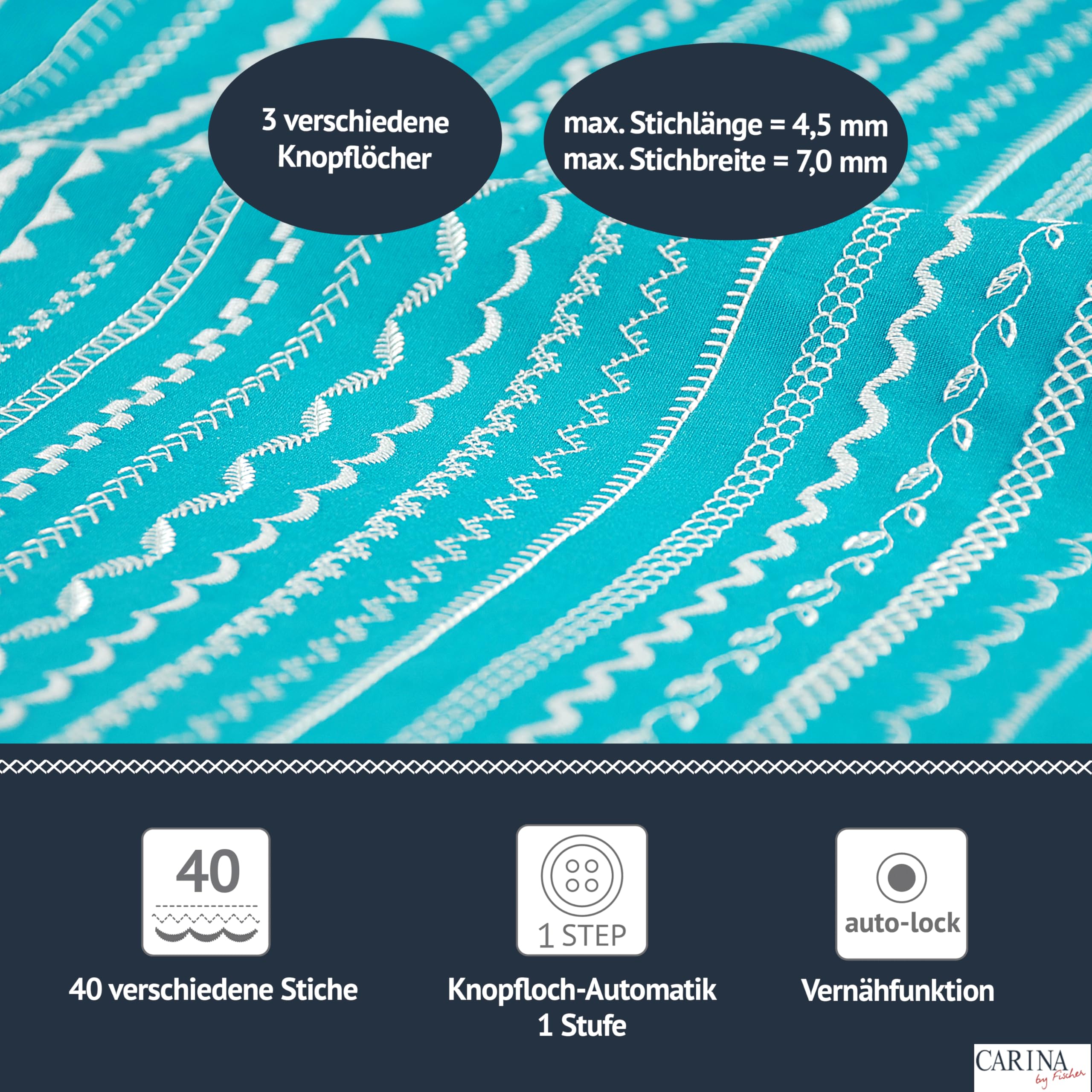 CARINA Nähmaschine Comfort I 40 Stichprogramme I Einfädelhilfe I Auto-Fadenspannung & Fadenabschneider I Einstellbare Stichlänge & Stichbreite I LED-Nählicht I mit Vernähtaste & Nadelstopp (weiß-rot)