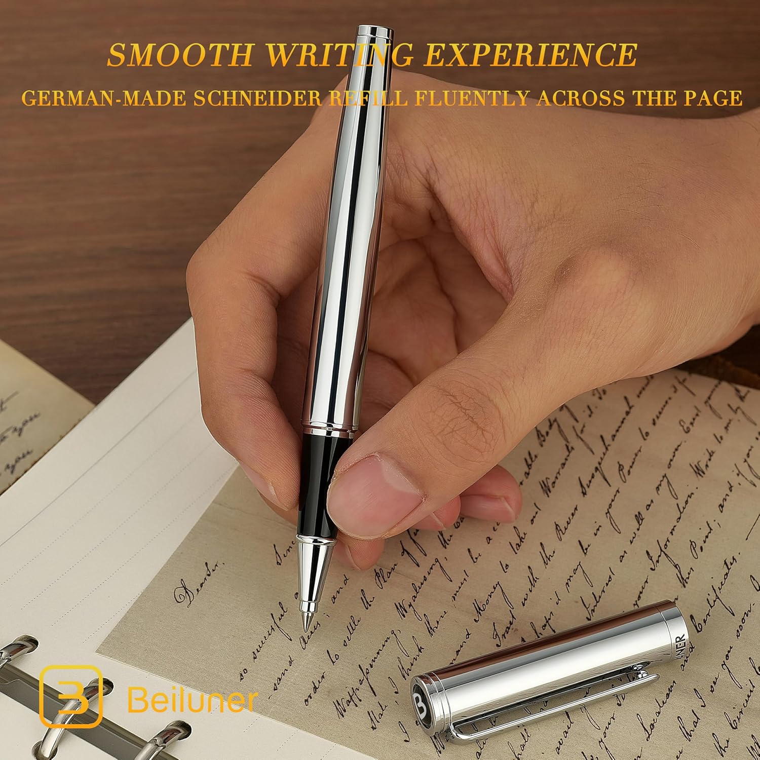BEILUNER Luxury Silver Rollerball Pen, Stunning Bright Silver Chrome Finish,Noble and Elegant Designs,Schneider Ink Refill, Best Gift Pen for Men & Women, Professional, Executive Office, Fancy Pens
