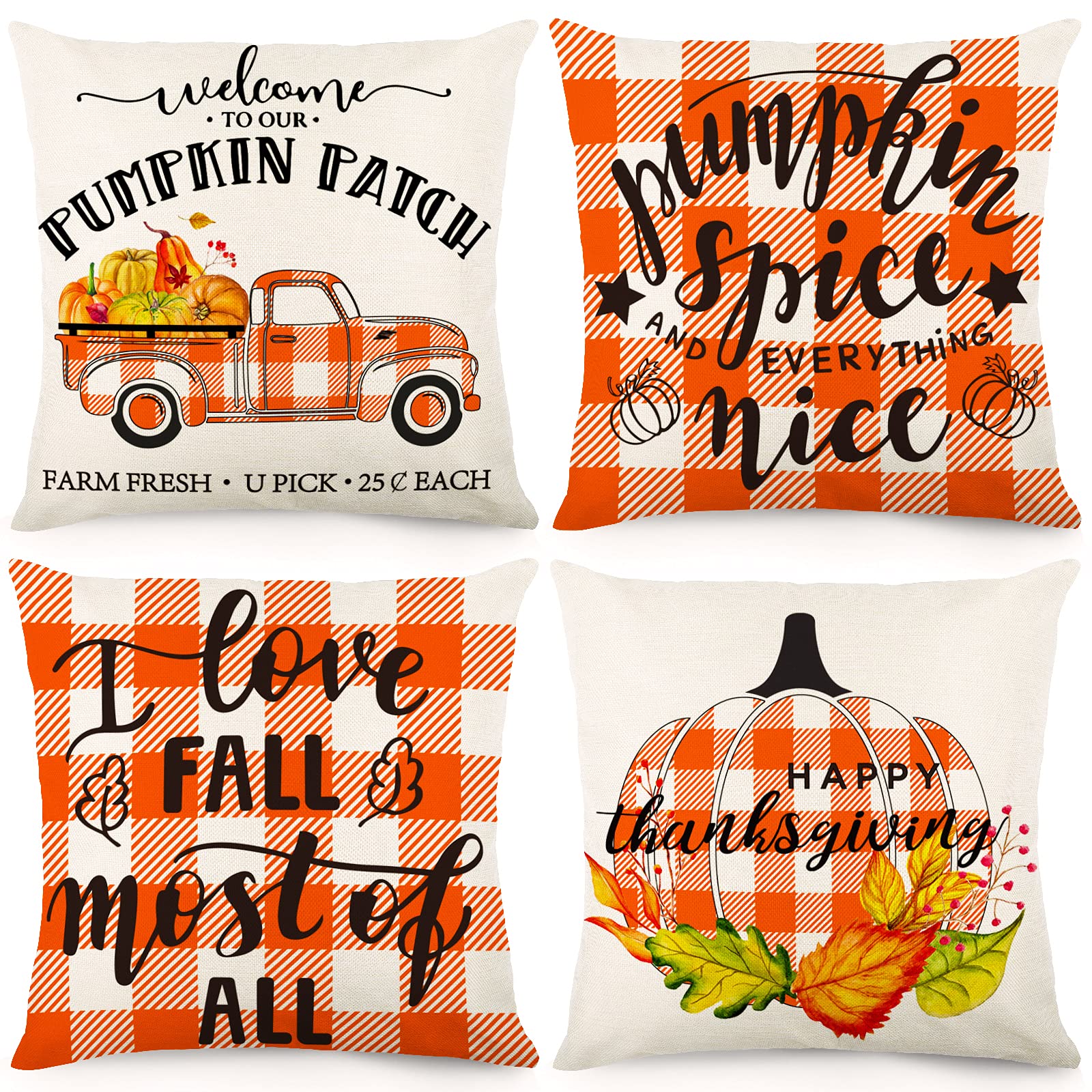 Bowount Fall Pillow Covers 18x18 Set of 4 Fall Decorations Thanksgiving Throw Pillowcase Pumpkin Buffalo Plaid Decor Maple Leaves Farmhouse Linen Cushion Case for Thanksgiving Decorations