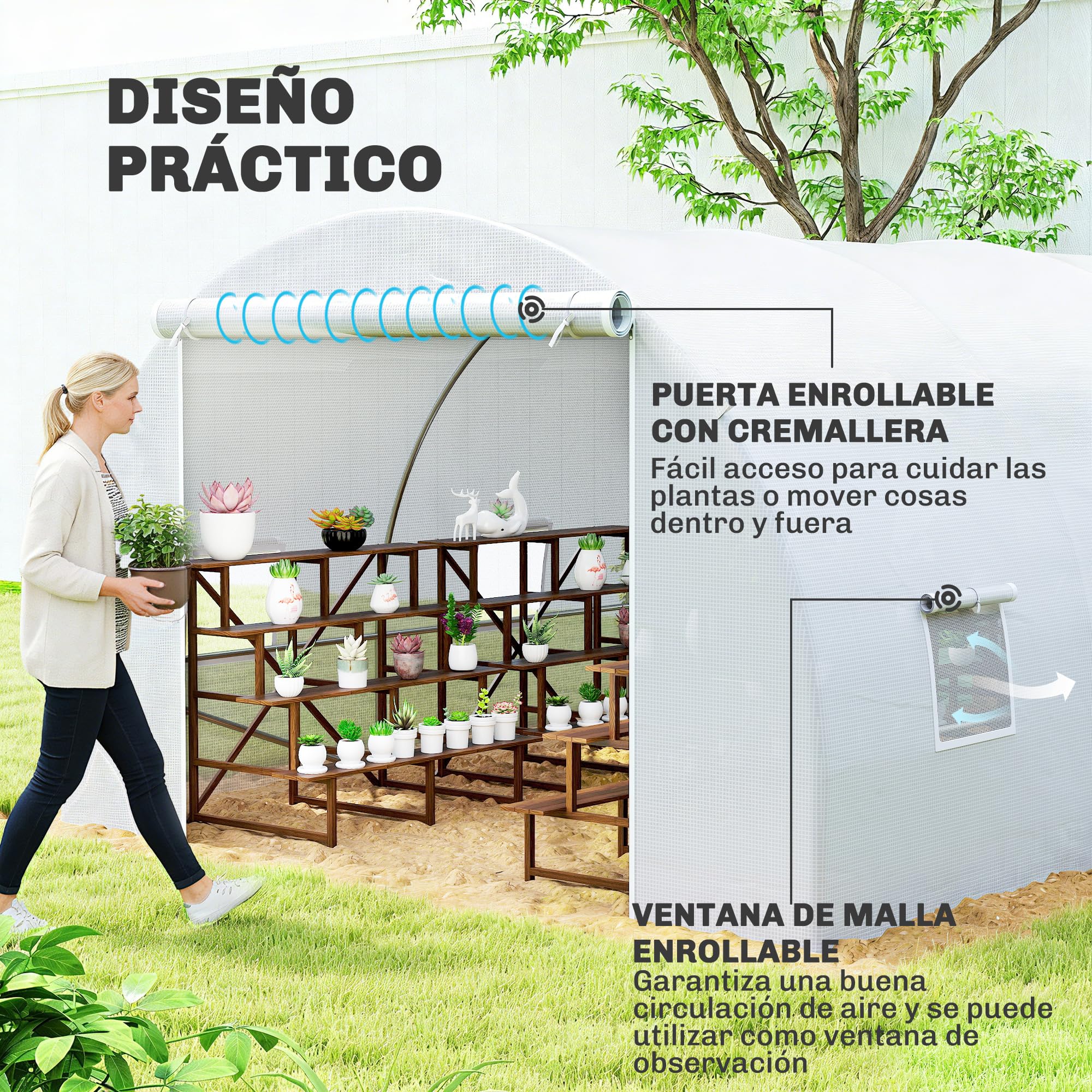 Outsunny Invernadero de Túnel 6x3x2 m Invernadero de Terraza con 8 Ventanas Puerta con Cremallera Cubierta de Polietileno 140 g/m² y Estructura de Acero para Cultivo Plantas Verduras en Jardín Blanco
