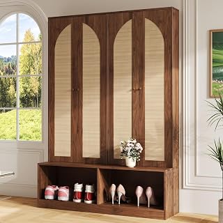 Merax 55.1" W Walnut Hall Tree with Rattan Doors and Entryway Bench, Mid-Century 78.7" H Coat Rack Entryway Shoe Cabinet with 6 Hooks and Shelf for Living Room