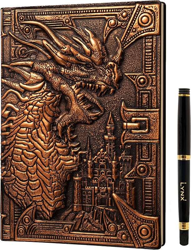 Cuaderno/diario DND, libro único de 200 páginas con cubierta de piel sintética en relieve de dragón de bronce 3D con bolígrafo, ideal para mazmorras y dragones/D&D. Gran regalo de accesorios de RPG para DM y jugadores, hombres o mujeres.