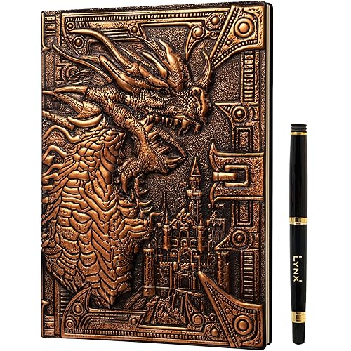 DND Notebook / Journal, Unique 200 Page Book with 3D Bronze Dragon Embossed Faux Leather Cover with Pen- Ideal for Dungeons & Dragons / D&D. Great RPG Accessories Gift for DM's & Players, Men or Women - Dragon Bronze