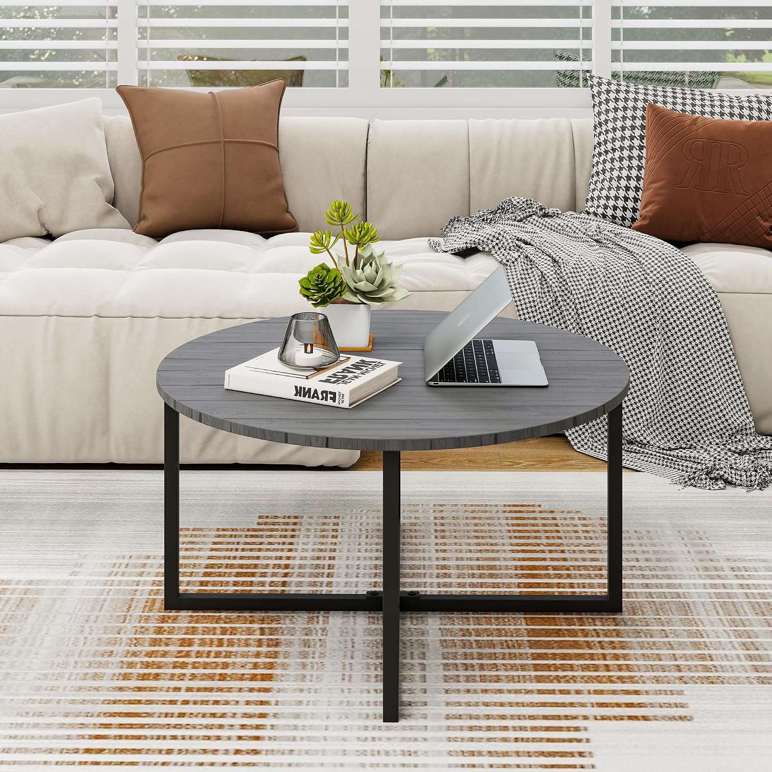 Round Coffee Table Center Table Living Room Side Table Dining Table with Metal Frame Small Coffee Tables for Small Spaces (Grey)