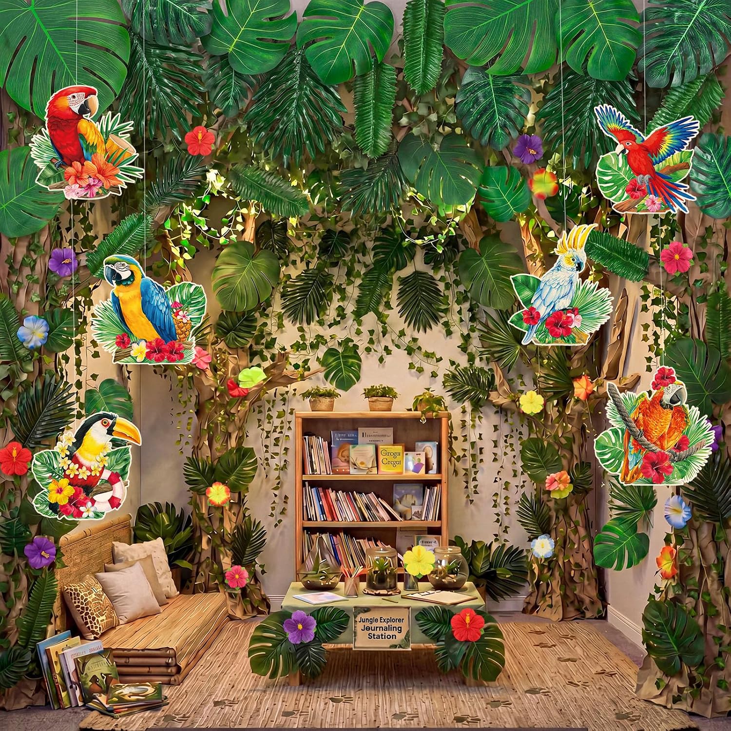 167 Pcs Rainforest Themed Decorations, Vbs Jungle Theme Party Decoration with Tropical Parrots Palm Leaves Rattan Vines Hibiscus Flower for Summer Hawaiian Luau Classroom Birthday Party Decor
