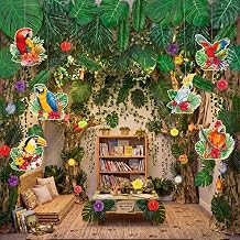 167 Pcs Rainforest Themed Decorations, Classroom Decor | Hawaiian Luau Theme Party Decor with Tropical Parrots Palm Leaves Rattan Vines Hibiscus Flower for Summer Birthday