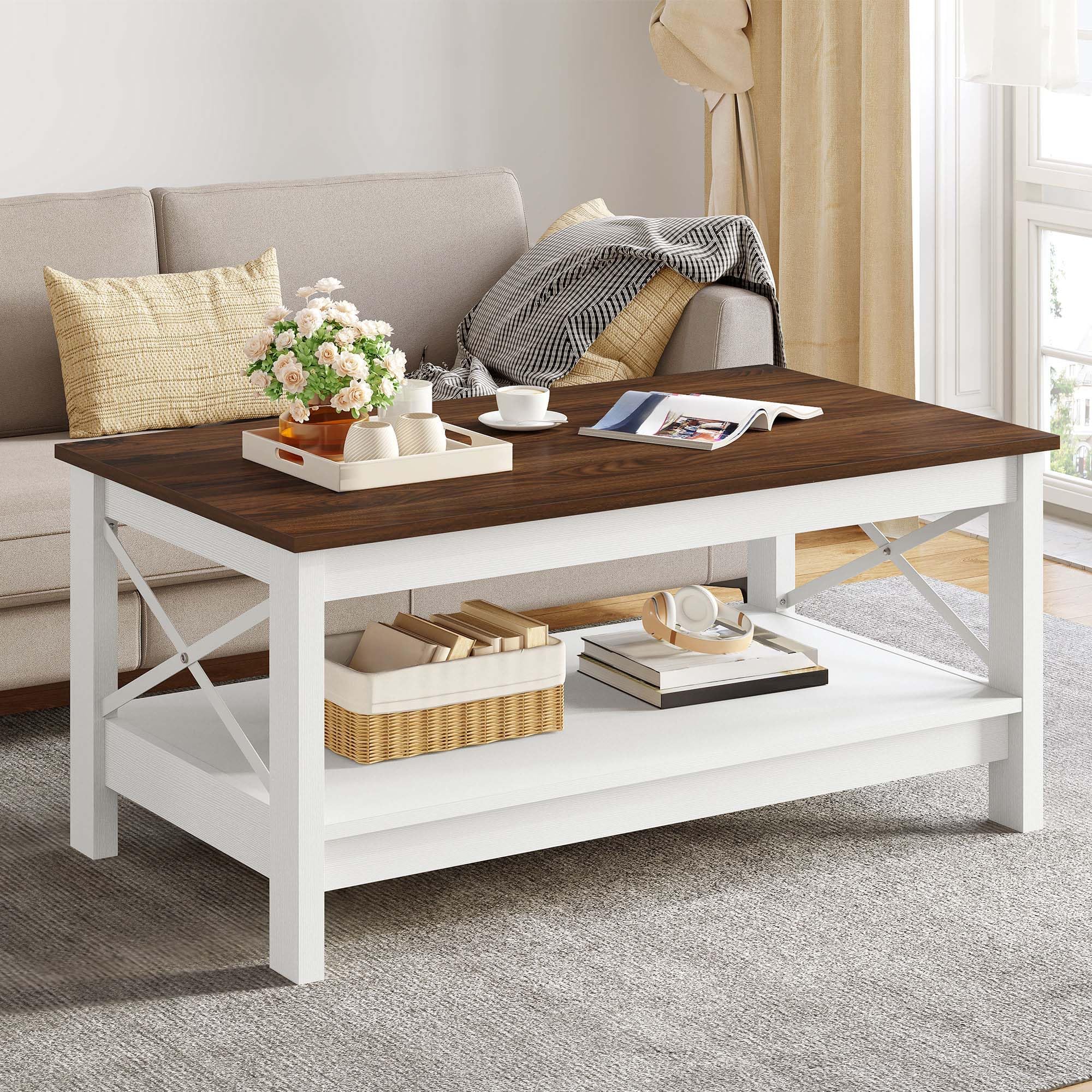 YITAHOME Coffee Table for Living Room, Modern Farmhouse Coffee Table with Storage, 2-Tier Center Table Wood Living Room Table Accent Cocktail with