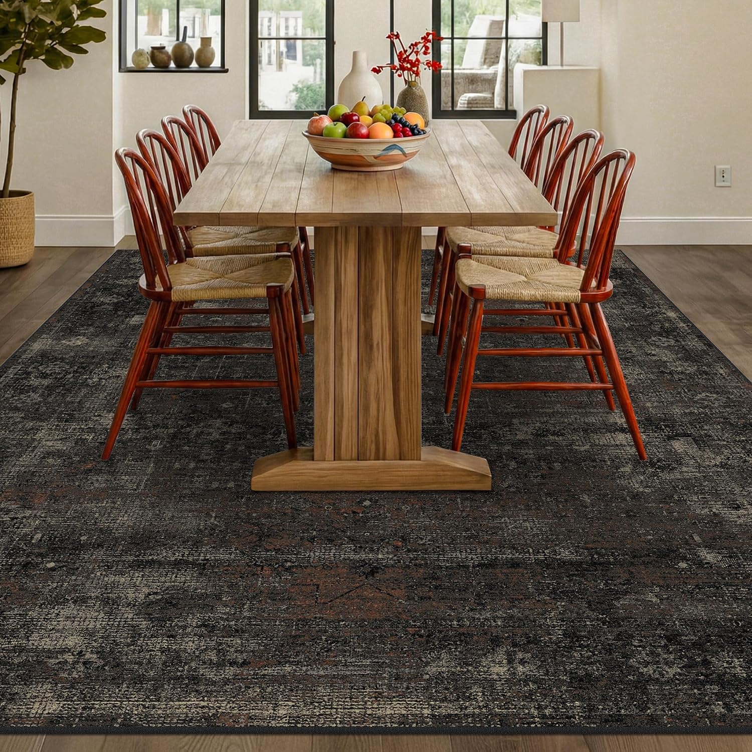 Black Farmhouse Washable 6x8 Dining Room Area Rug, Dark Charcoal Volcanic Textured Rug for Living Room, Non-Slip Low Pile Stain Resistant Carpet for Bedroom Décor