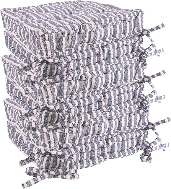 Nicola Spring Dining Chair Cushion Seat Pad Square Padded French Mattress - Blue Stripe - Pack of 6