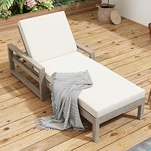 Outdoor Long Reclining Chair Acacia Wood Patio Chaise Lounge with Five Position Adjustable Backrest & Removable Cushion, Sunbathing Lounger for Deck Poolside Garden Backyard, Grey