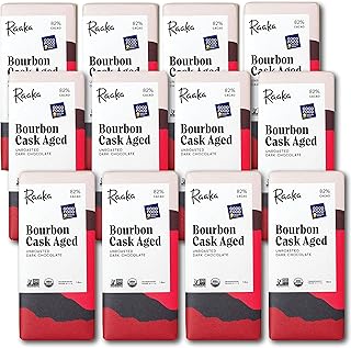 Raaka Chocolate Bourbon Cask Aged 82% Dark Chocolate | Gourmet Dark Chocolate Gift | Organic, Vegan, Soy Free, Gluten Free, Kosher | 1.8oz Bars, 12-Pack