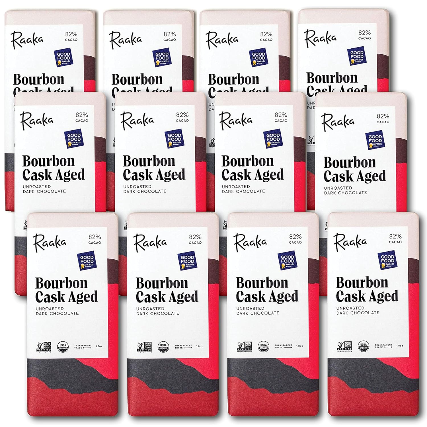 Raaka Chocolate Bourbon Cask Aged 82% Dark Chocolate | Gourmet Dark Chocolate Gift | Organic, Vegan, Soy Free, Gluten Free, Kosher | 1.8oz Bars, 12-Pack