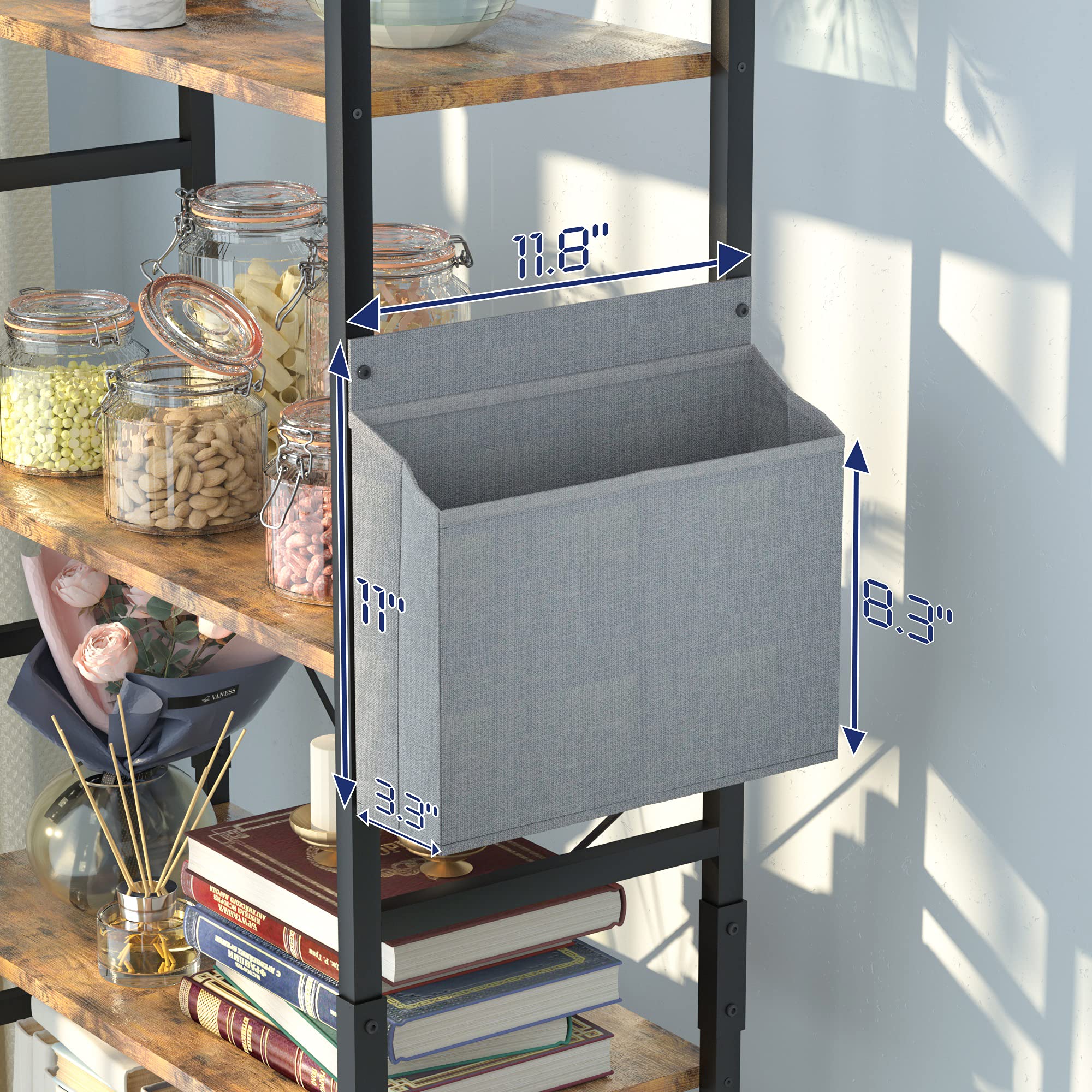 NUMENN 5 Tier Bookshelf, Tall Bookcase Shelf Storage Organizer, Modern Book Shelf with Storage Bag and Hook for Bedroom, Living Room and Home Office, Vintage