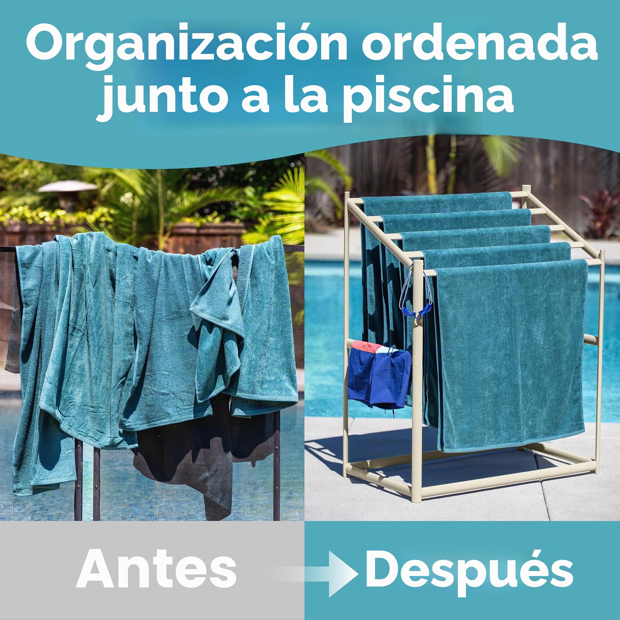 Coast Modern - Toallero de Piscina – 5 Toallas de Playa de PVC para Uso en Exteriores e Interiores, Color Arena