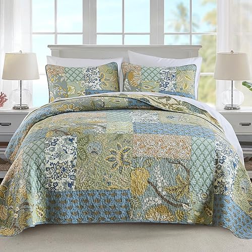 NEWLAKE Quilt Set King Size, 100% Cotton Patchwork Green Bohemian