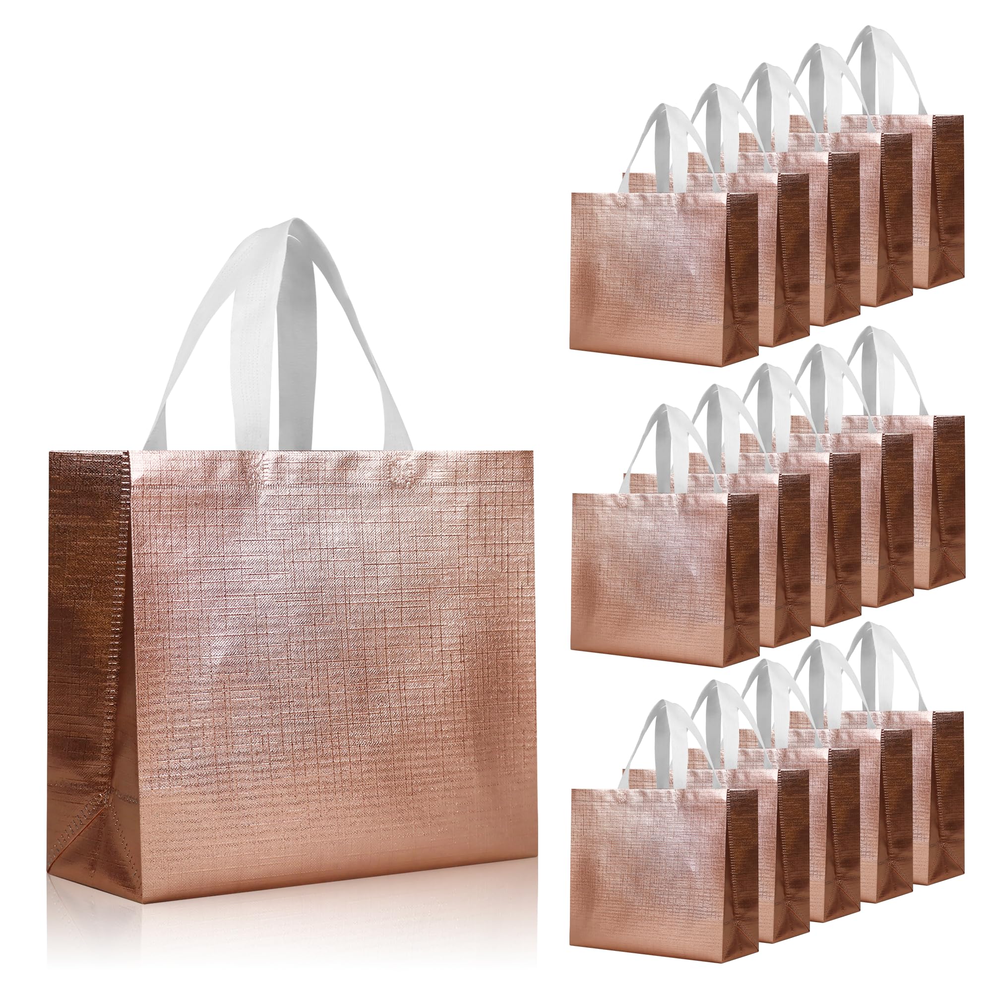 cabzymx 16 bolsas de regalo reutilizables de oro rosa con bases, 12.6 x 4.7 x 11 pulgadas, bolsas de bienvenida de boda a granel, bolsas de fiesta no tejidas para cumpleaños, bodas, fiestas,