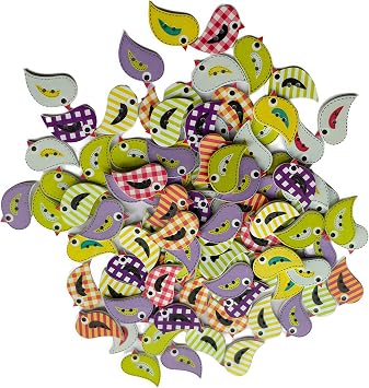 100 PCS Colorful Wooden Bird Buttons, Mixed Pattern Cute Bird Shaped Wood Buttons with 2 Holes, DIY Craft Buttons for Sewing, Scrapbooking, Clothing, Hair Clips, Jewelry Making and Home Decoration