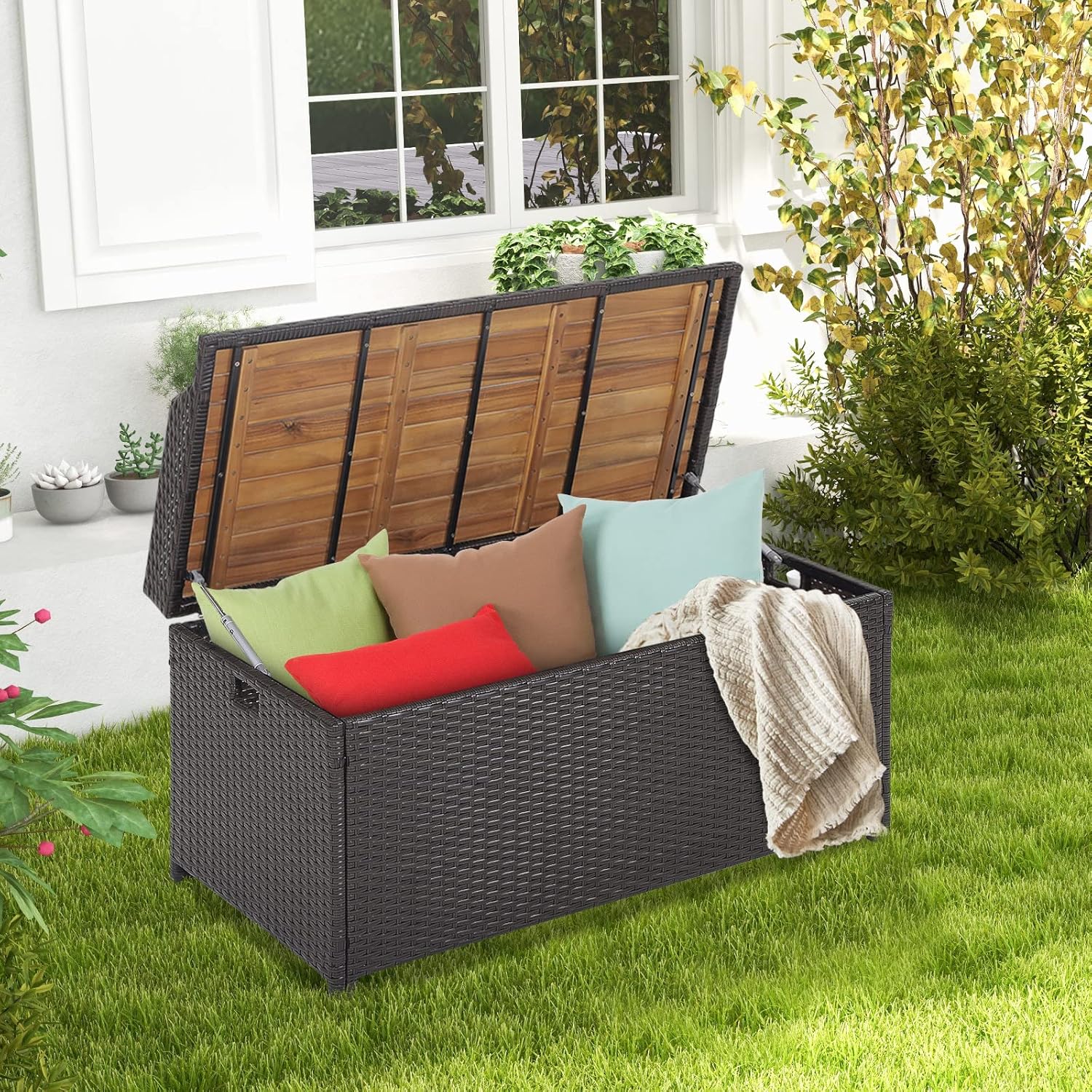 HAPPYGRILL Patio Storage Bench Rattan Wicker Deck Box with Acacia Wood Seat, Gas Strut, Zipper Liner, Handles, Outdoor Storage Container for Patio Furniture Cushions Pillows