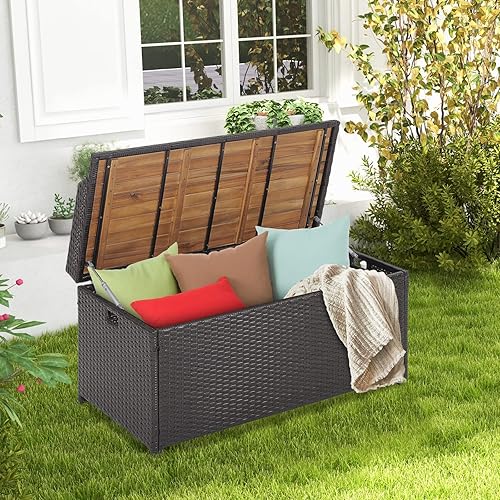 Miniatura 3 de HAPPYGRILL Banco de almacenamiento para patio, caja de mimbre de ratán con asiento de madera de acacia, soporte de gas, forro de cremallera, asas,