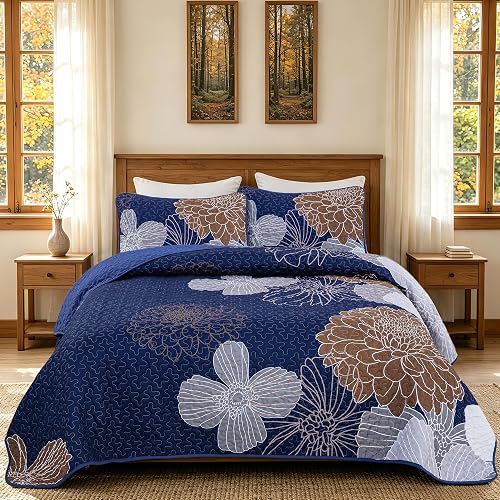 Anibedding Floral Quilt Set King 3 Pieces Reversible Bedspread, Navy