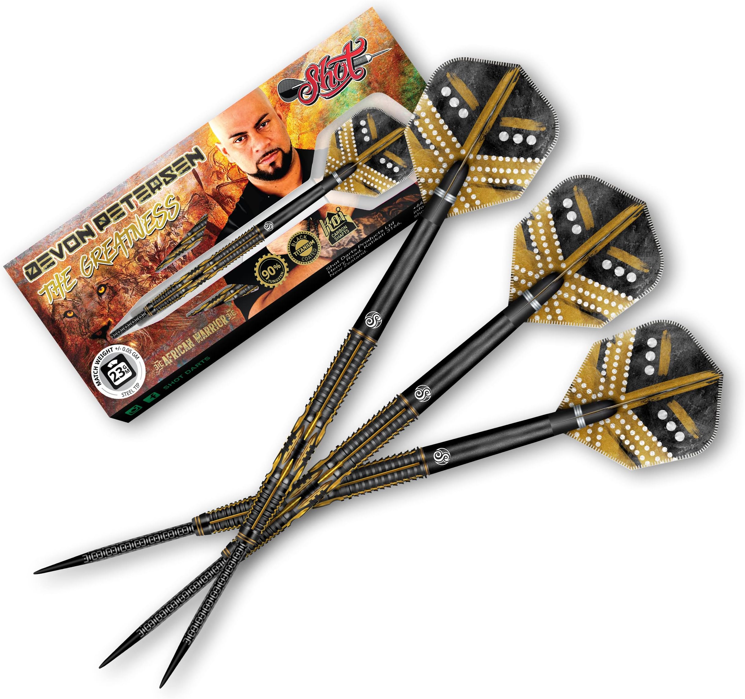 Shot! Darts Devon Petersen Greatness 90% Tungsten Pro Throwing Darts Steel Tip Set, Professional – Made in New Zealand – Designed Dart Flights for Women & Men – Metal Tip Bar Darts for Adults