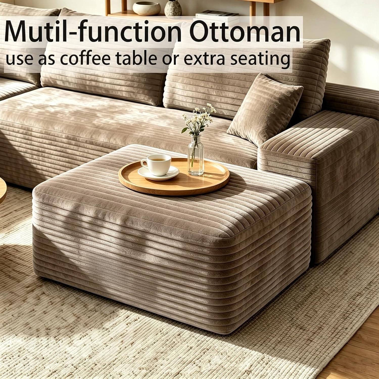 37" Ottoman Foot Rest, Corduroy Upholstered Boneless Ottoman, Compressed Memory Foam Cloud Sofa Module for Living Room, No Assembly Required, Camel