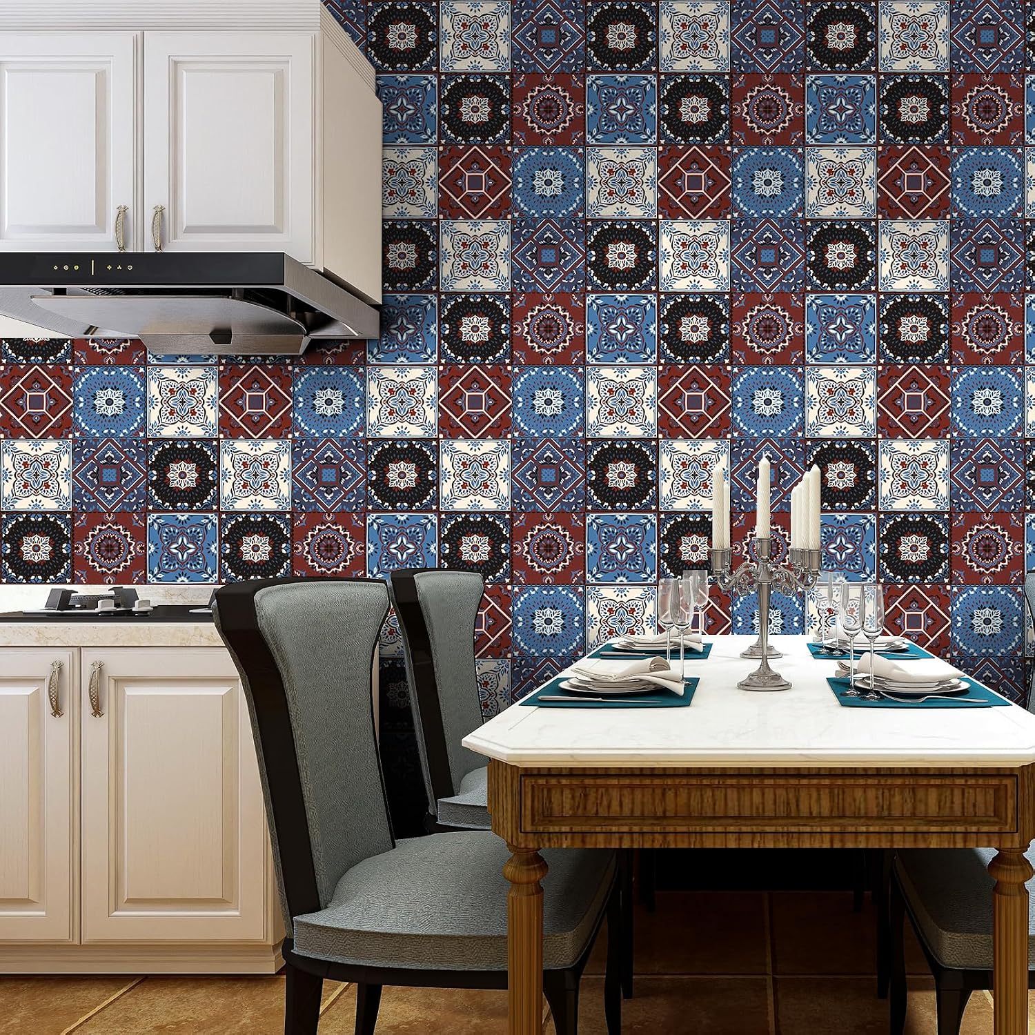 Moroccan Faux Tile Wallpaper Peel and Stick Vintage Red Blue Beige Mexican Wallpaper for Kitchen Living Room Removable Mediterranian Faux Tile Contact Paper for Drawer Home Decor 17.7"x157"