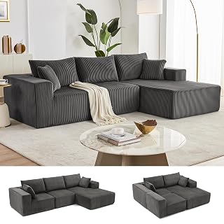 108" Boneless Couch with Chaise, Modular Sofa with Deep Seat, Darkrey | Deep Seat Modular Sectional Sofa for Living Room, Upholstered Corduroy Couch for Apartment, Convertible No Assembly Sofa - Amazon product rated Grade A