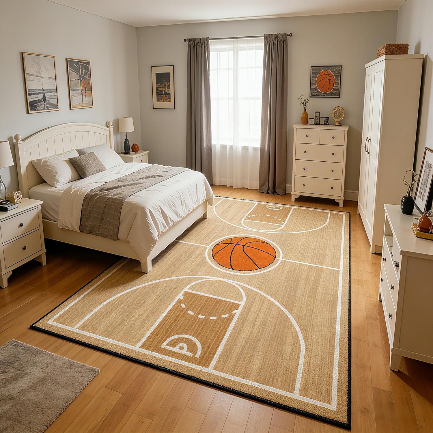 Sports Basketball Court Carpet Rug 5x7ft Light Brown Wood Grain Creative Design, Super Soft and Comfortable Indoor Floor Mats for Kids Play Area Playroom and Kindergarten Non-Slip Carpet