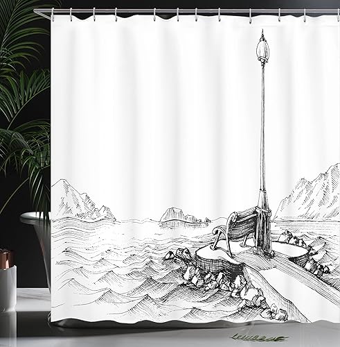 Miniatura 3 de Ambesonne Sketchy - Cortina de ducha, banco en medio de olas del océano, montañas, rocas, dibujo monocromático, juego de decoración de baño de tela