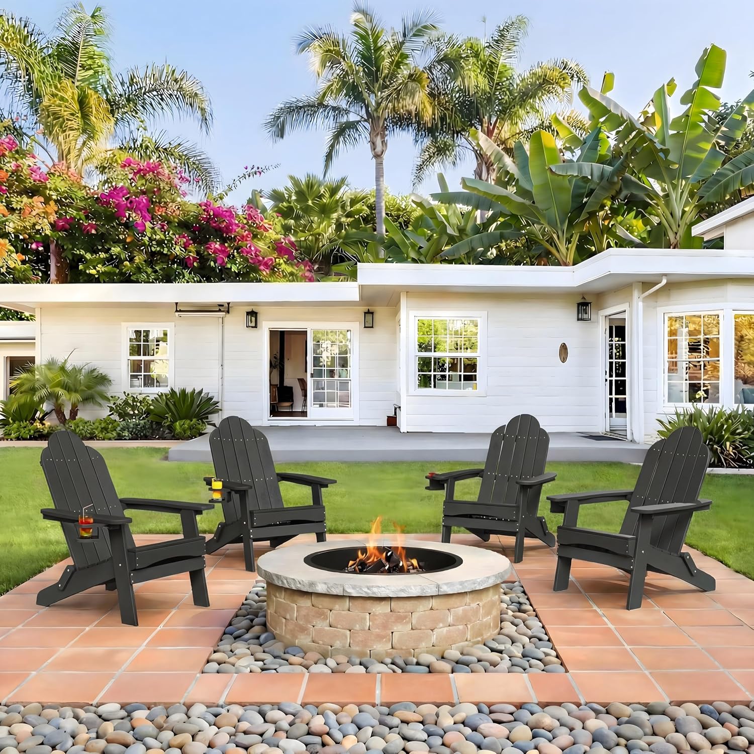 LUE BONA Folding Adirondack Chair Set of 4, Black HDPS Fire Pit Patio Chairs Weather Resistant, Modern Plastic Outdoor Chairs with Cup Holder