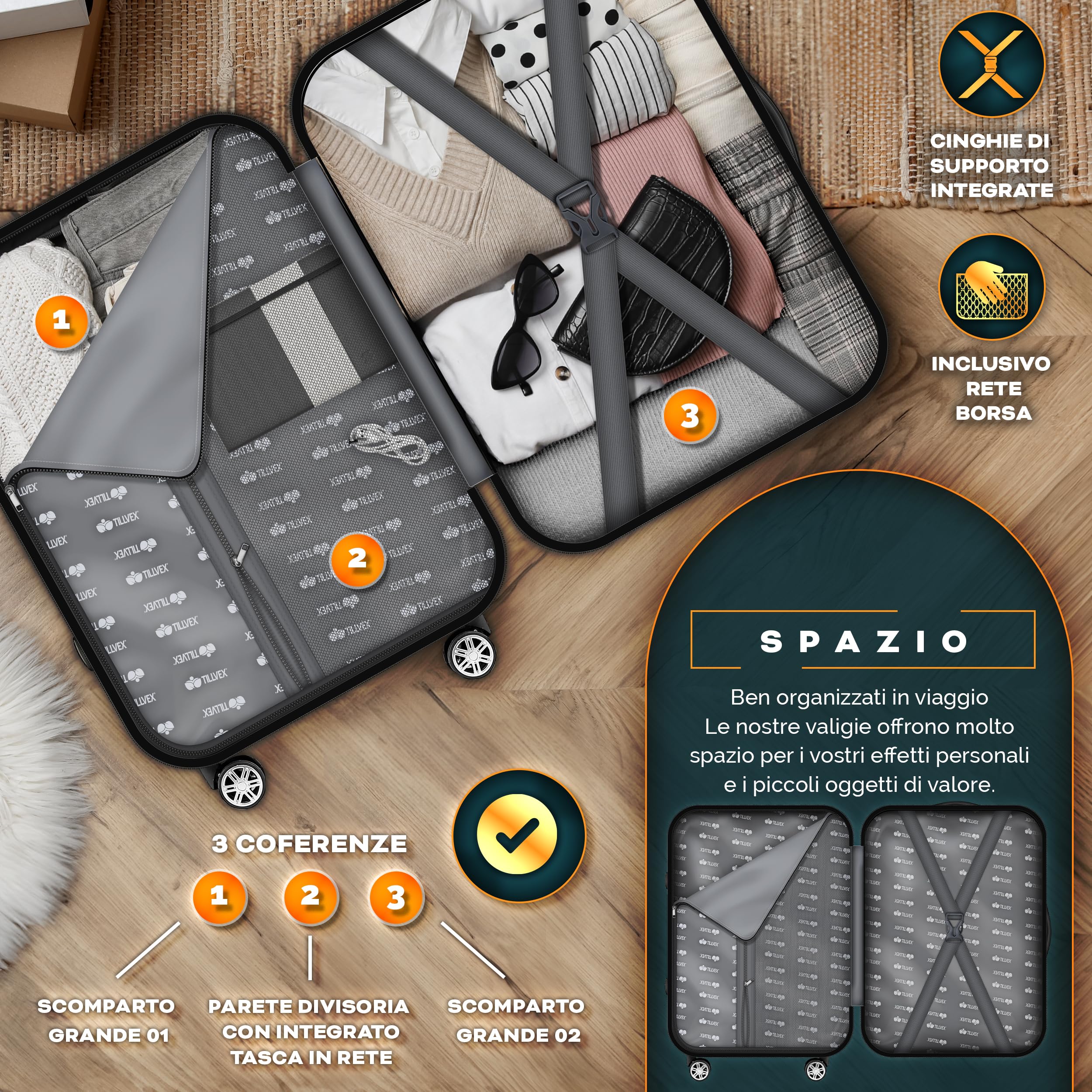 tillvex® Set di 4 valigie da viaggio con bilancia per bagagli, cinghie per valigie e etichette per valigie, set rigido da 4 ruote, trolley con serratura TSA, valigetta rigida S-M-L-XL