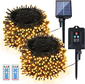 Woohaha Solar Christmas Outdoor String Lights, Warm White, 2 Pack, 144FT, 400 LEDs, Remote Timer, Waterproof