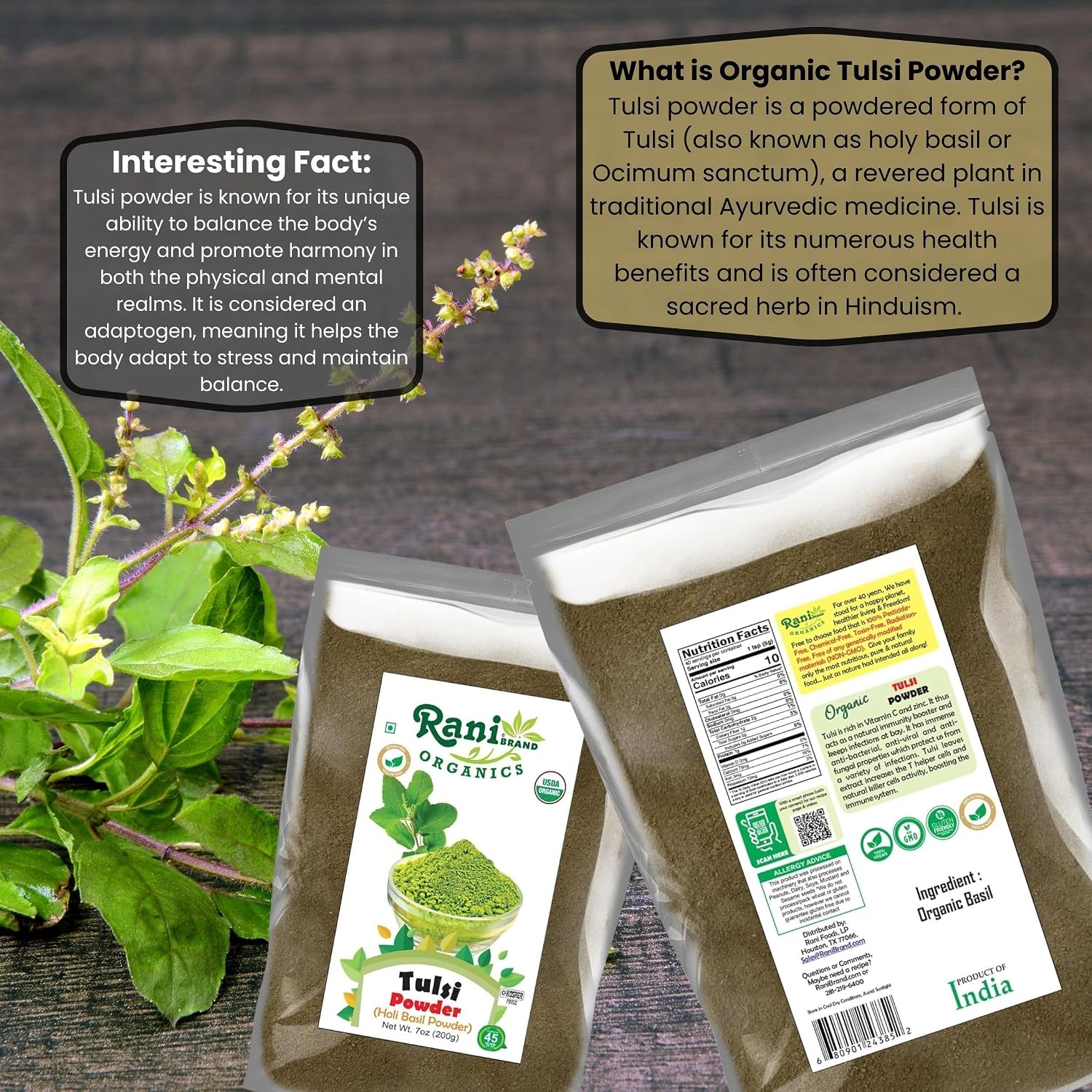 Rani Organic Tulsi Powder (Holi Basil Powder) 7oz (200g) ~ All Natural | No Color | Gluten Friendly | Vegan | NON-GMO | Kosher | No Salt or fillers | Indian Origin | USDA Organic Certified image 3
