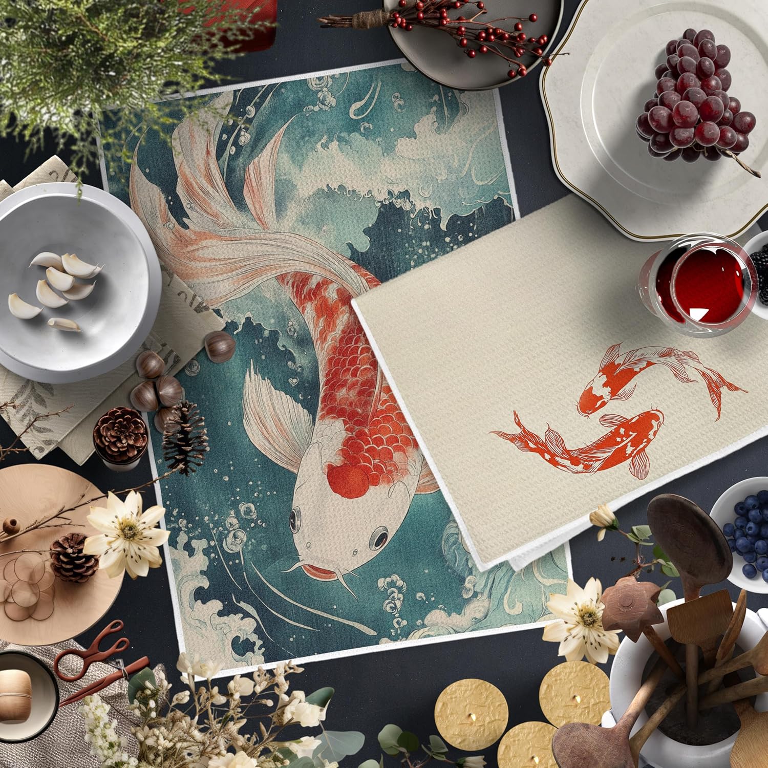 Vintage Japanese Red Koi Fish Kitchen Towels Set of 2, Traditional Asian Red Koi Dish Tea Towels for Kitchen Decor, Nautical Animal Fish Hand Towels for Bathroom Decor, 16x24 Inch - Image 2