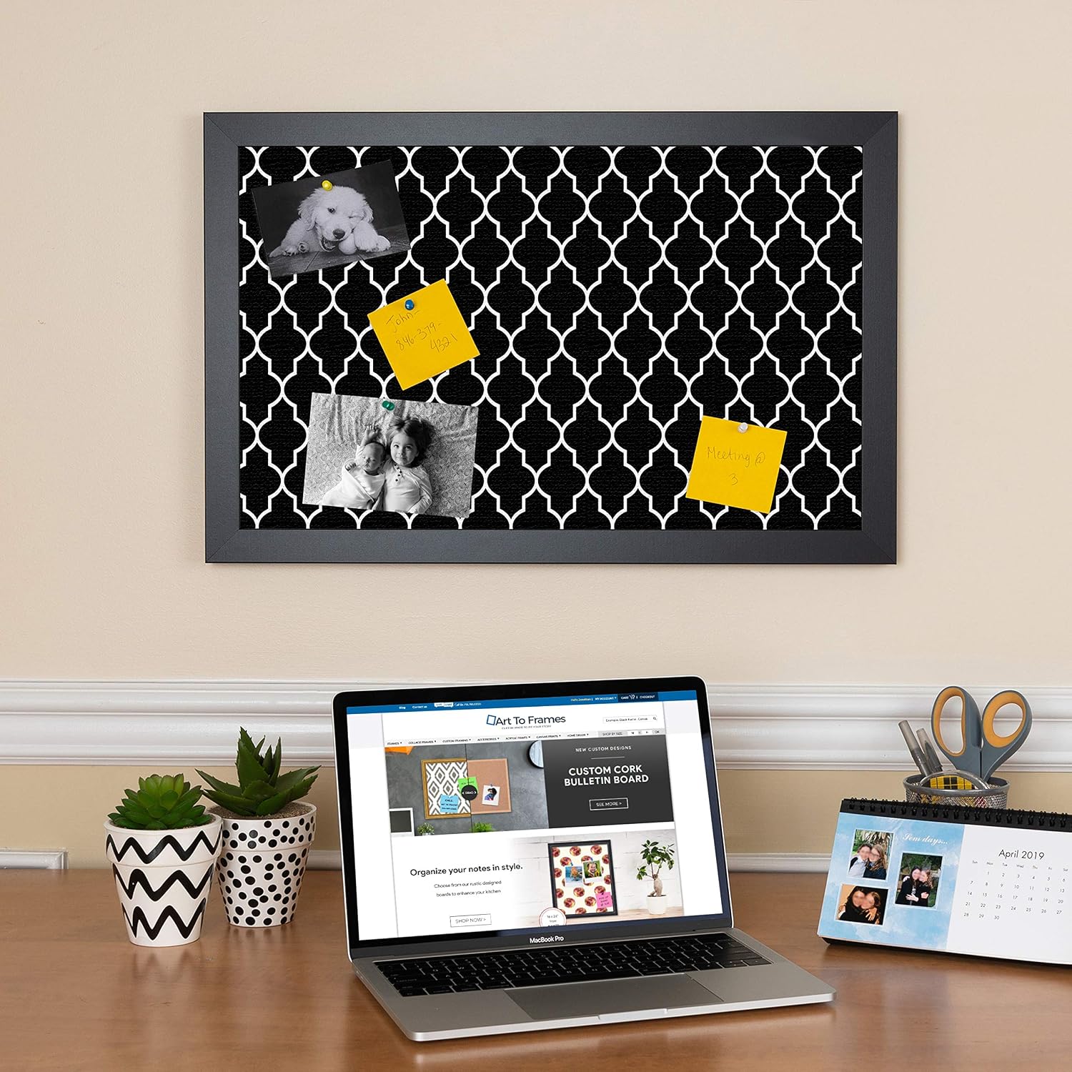 PinPix 18x12 Custom Cork Bulletin Board Quatrefoil Black Poster Board with a Canvas Style Photo Board, Framed in Satin Black (PinPix-116)