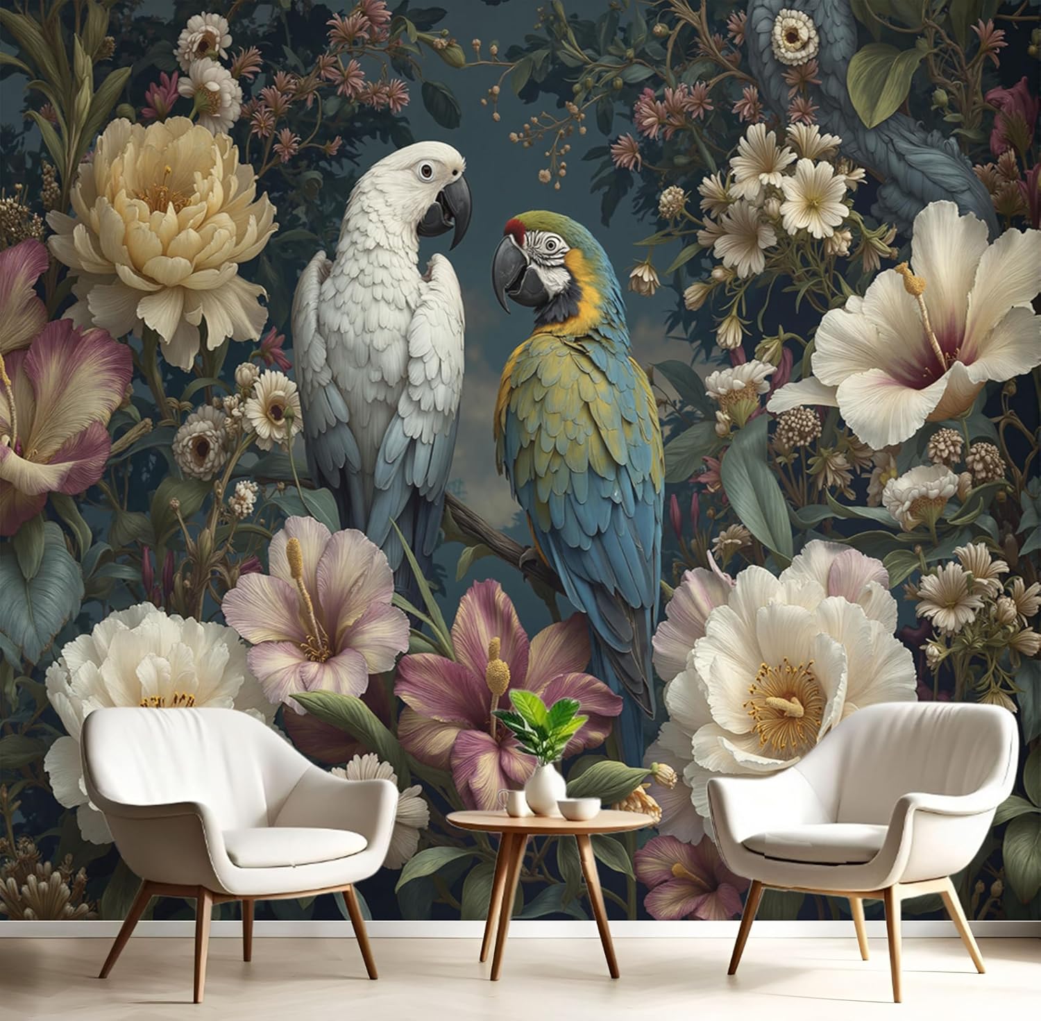 3D Wall Mural Parrot Flowers Print Photo Wallpaper, Luxury Silk Wall Mural Decoration Maximalism Jungle Wall Sticker for Bedroom, Living Room, Sofa Backdrop Decor 183" Wx 120" H, Green
