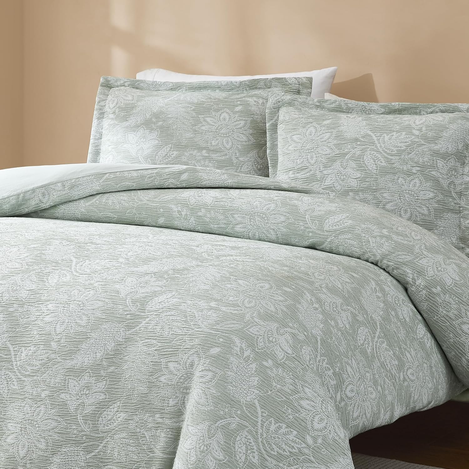 Lush Decor Floral Jacobean Gauze Jacquard Duvet Cover 3 Piece Set King Sage - Floral Duvet - Green Bedding Set - Vintage & Coquette Decor