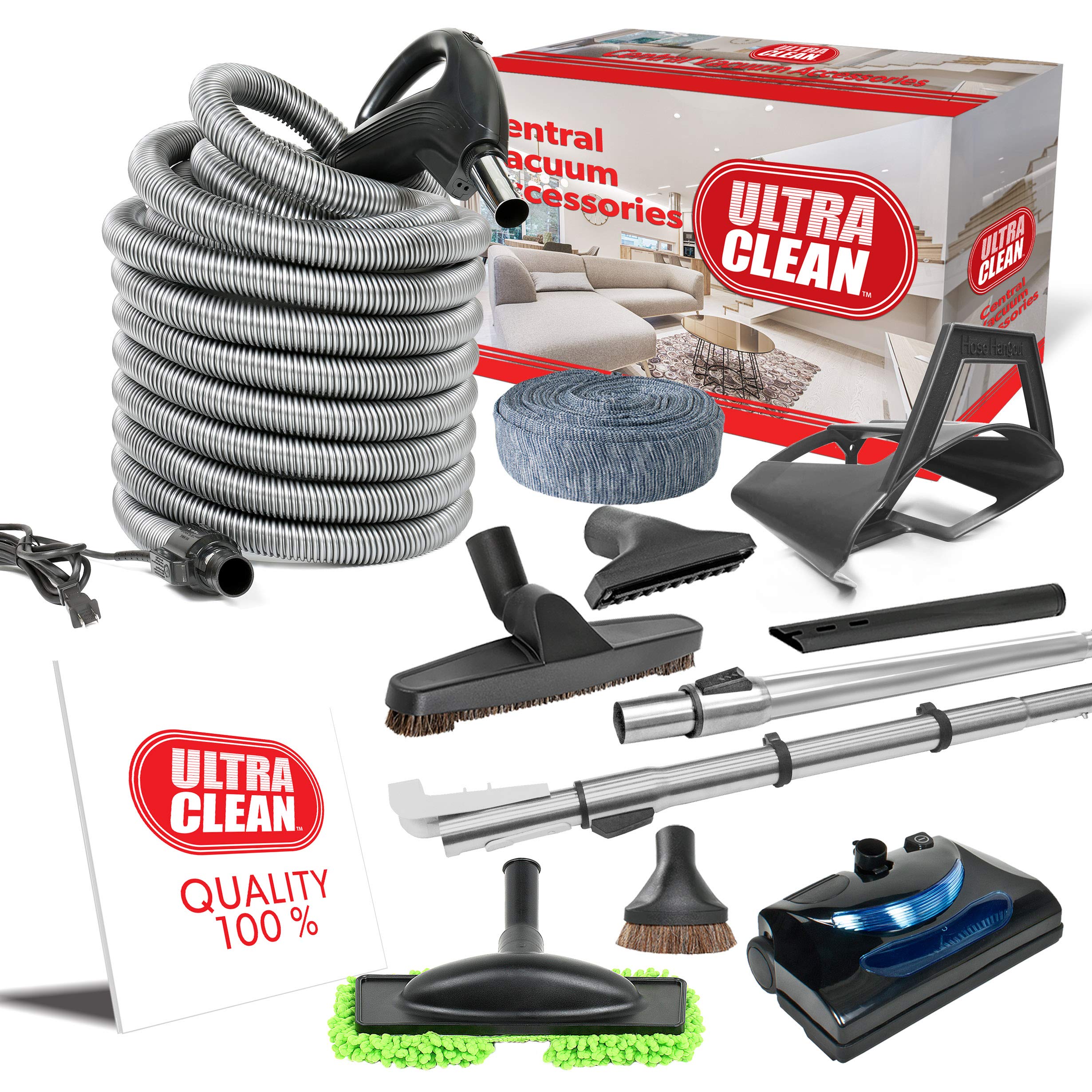 ULTRA CLEAN Central Vacuum Electric Accessory Kit - Dual Voltage 24V / 110V Hose with 3-way on/off Switch Handle- Electric Power Nozzle - Telescopic Wand With Deluxe Tool Set, Hose Cover, Dust Mop and Storage Tool Caddy (Black, 35 ft)